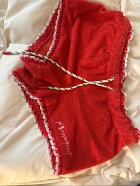 Free People Bright Red Terry Lounge Shorts with White Scalloped Edge